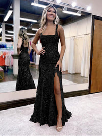 Sheath/Column Sparkly Sequin Spaghetti Strap Square Neck Floor-Length Prom Dresses with Slit