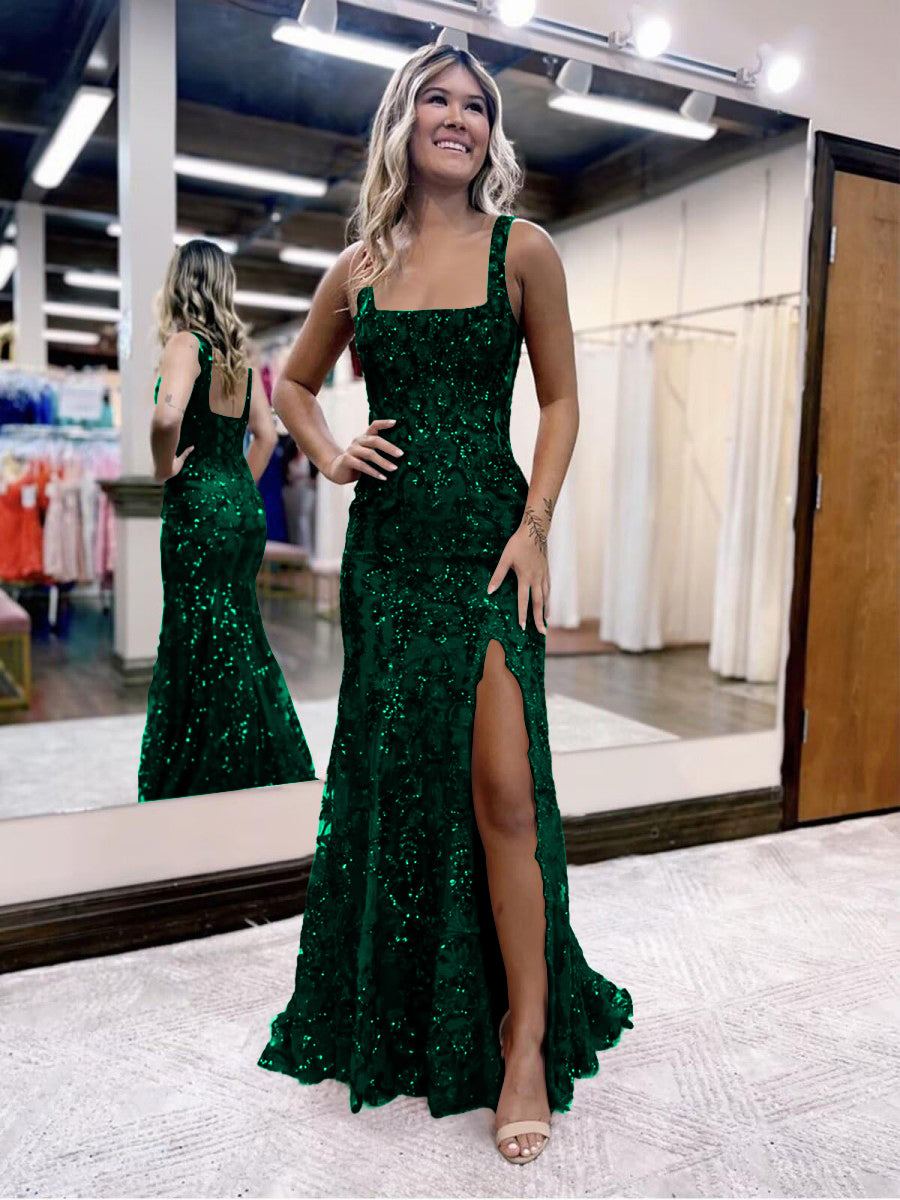 Sheath/Column Sparkly Sequin Spaghetti Strap Square Neck Floor-Length Prom Dresses with Slit