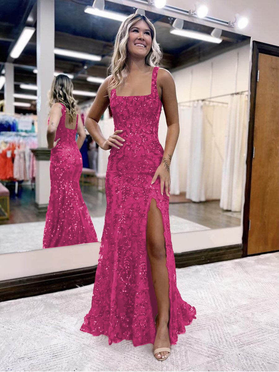 Sheath/Column Sparkly Sequin Spaghetti Strap Square Neck Floor-Length Prom Dresses with Slit