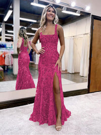 Sheath/Column Sparkly Sequin Spaghetti Strap Square Neck Floor-Length Prom Dresses with Slit