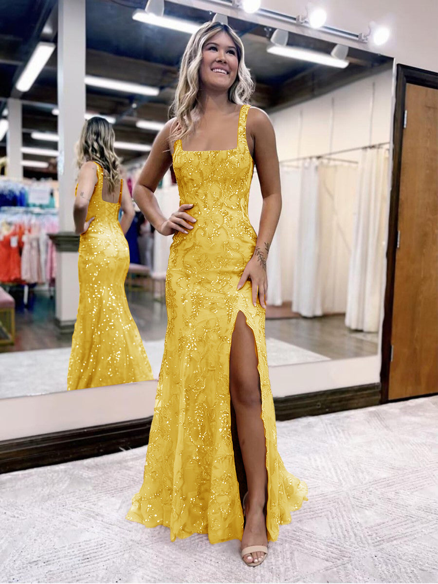 Sheath/Column Sparkly Sequin Spaghetti Strap Square Neck Floor-Length Prom Dresses with Slit