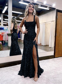 Sheath/Column Sparkly Sequin Spaghetti Strap Square Neck Floor-Length Prom Dresses with Slit