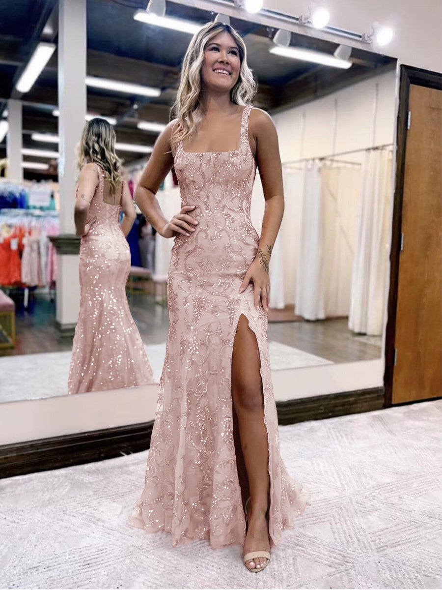 Sheath/Column Sparkly Sequin Spaghetti Strap Square Neck Floor-Length Prom Dresses with Slit