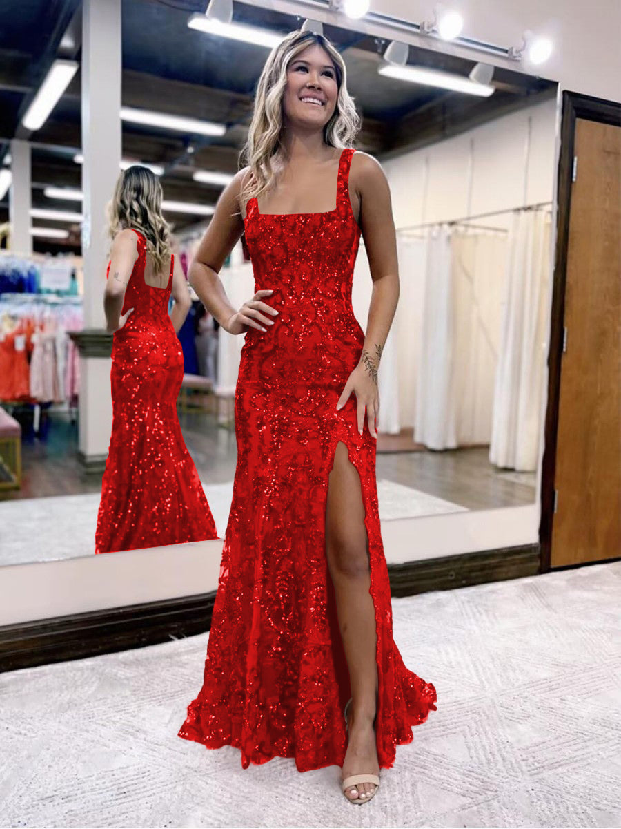 Sheath/Column Sparkly Sequin Spaghetti Strap Square Neck Floor-Length Prom Dresses with Slit