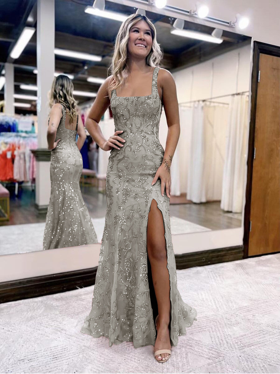 Sheath/Column Sparkly Sequin Spaghetti Strap Square Neck Floor-Length Prom Dresses with Slit