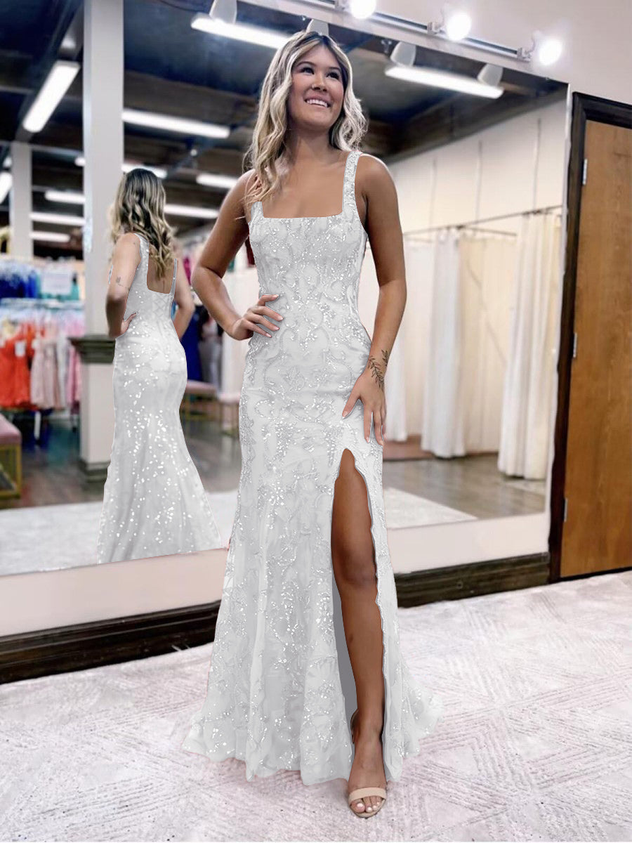 Sheath/Column Sparkly Sequin Spaghetti Strap Square Neck Floor-Length Prom Dresses with Slit