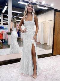 Sheath/Column Sparkly Sequin Spaghetti Strap Square Neck Floor-Length Prom Dresses with Slit