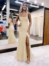 Sheath/Column Sparkly Sequin Spaghetti Strap Square Neck Floor-Length Prom Dresses with Slit