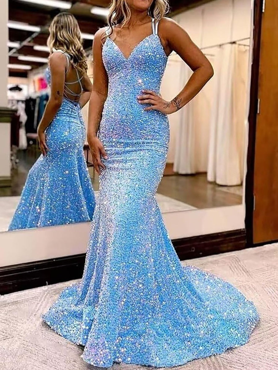 Mermaid/Trumpet Spaghetti Strap V Neck Floor-Length Prom Dresses with Sequin