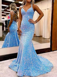 Mermaid/Trumpet Spaghetti Strap V Neck Floor-Length Prom Dresses with Sequin