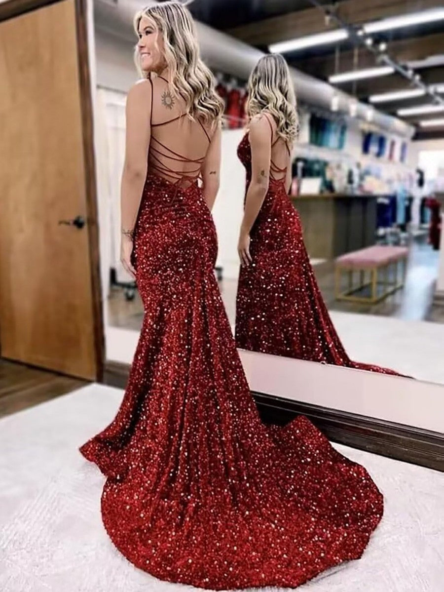 Mermaid/Trumpet Spaghetti Strap V Neck Floor-Length Prom Dresses with Sequin