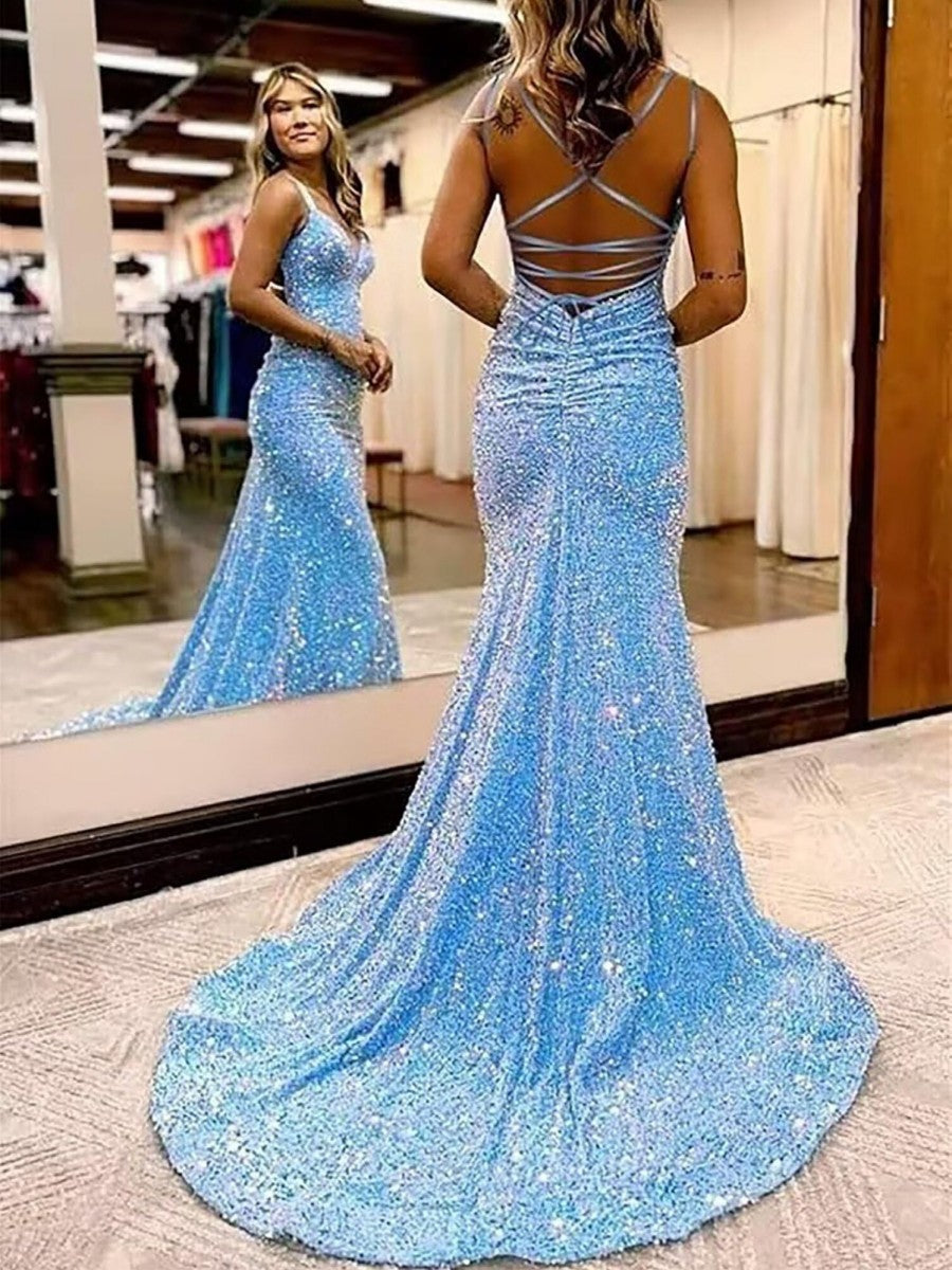 Mermaid/Trumpet Spaghetti Strap V Neck Floor-Length Prom Dresses with Sequin