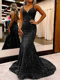 Mermaid/Trumpet Spaghetti Strap V Neck Floor-Length Prom Dresses with Sequin