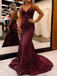Mermaid/Trumpet Spaghetti Strap V Neck Floor-Length Prom Dresses with Sequin