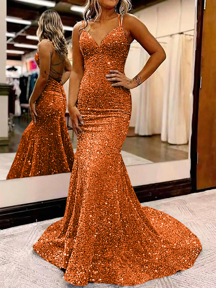 Mermaid/Trumpet Spaghetti Strap V Neck Floor-Length Prom Dresses with Sequin