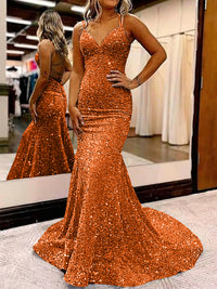 Mermaid/Trumpet Spaghetti Strap V Neck Floor-Length Prom Dresses with Sequin