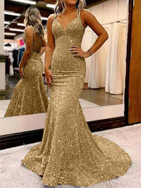 Mermaid/Trumpet Spaghetti Strap V Neck Floor-Length Prom Dresses with Sequin