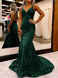 Mermaid/Trumpet Spaghetti Strap V Neck Floor-Length Prom Dresses with Sequin