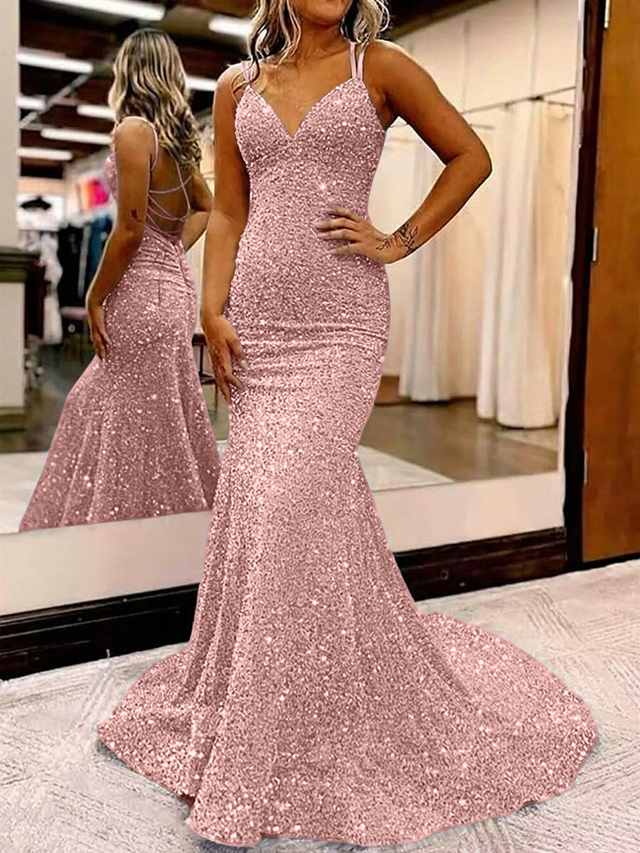 Mermaid/Trumpet Spaghetti Strap V Neck Floor-Length Prom Dresses with Sequin