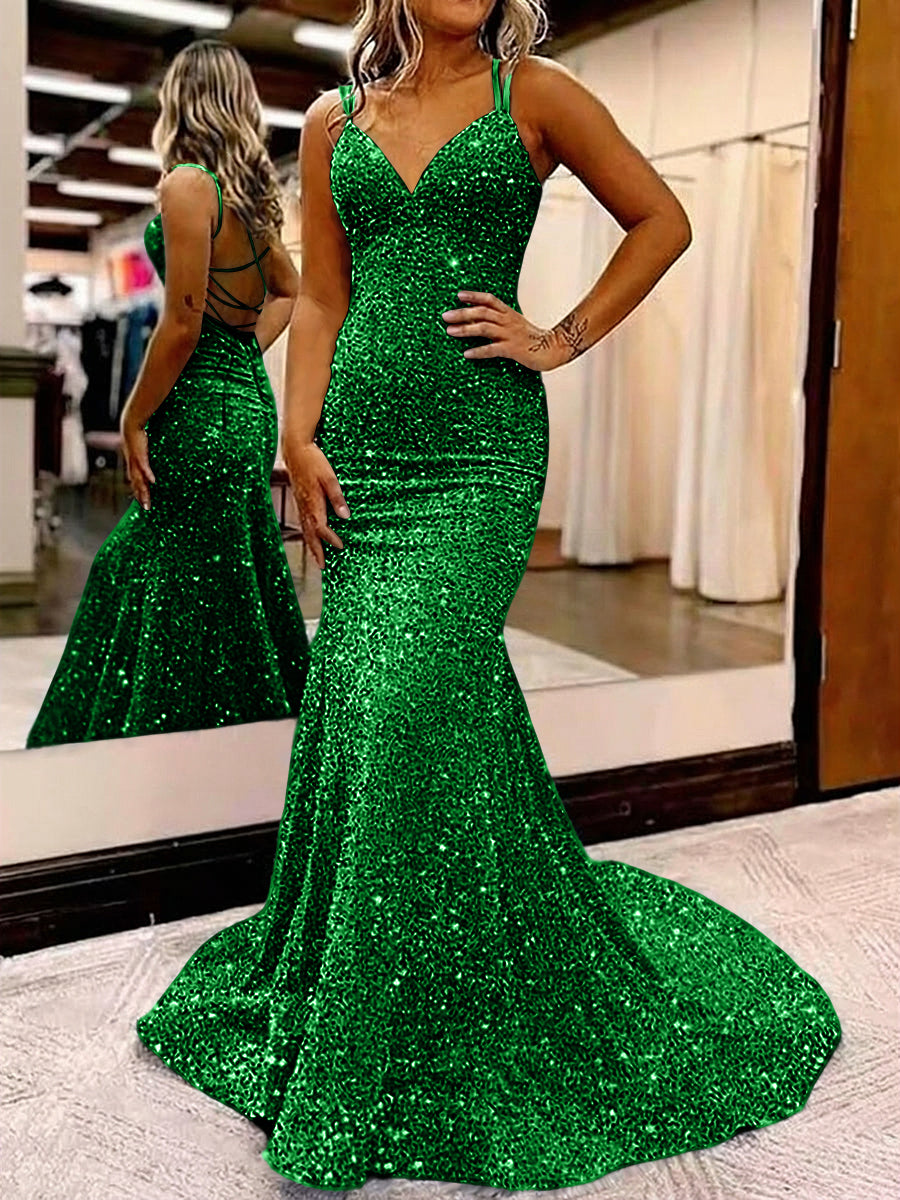 Mermaid/Trumpet Spaghetti Strap V Neck Floor-Length Prom Dresses with Sequin