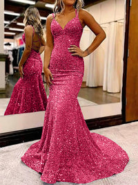 Mermaid/Trumpet Spaghetti Strap V Neck Floor-Length Prom Dresses with Sequin