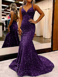 Mermaid/Trumpet Spaghetti Strap V Neck Floor-Length Prom Dresses with Sequin