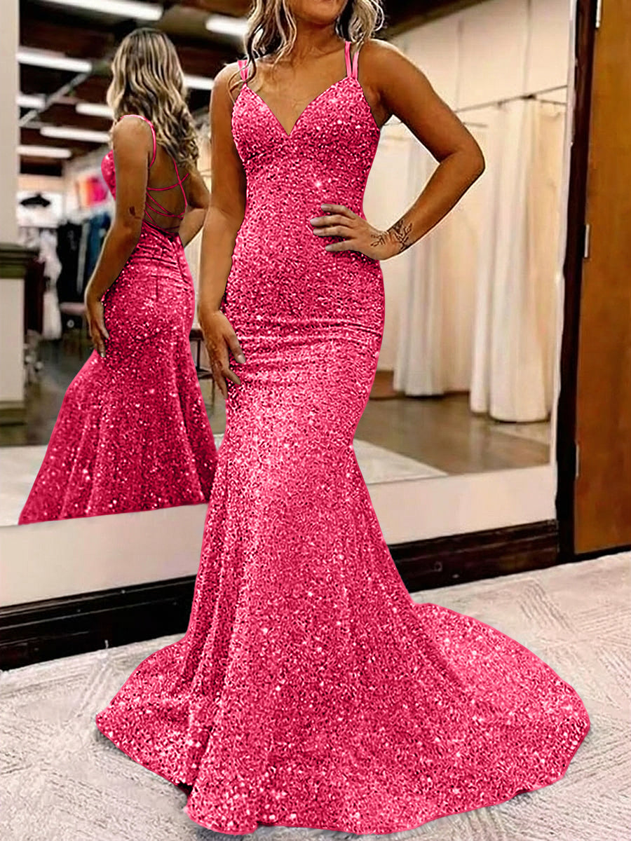 Mermaid/Trumpet Spaghetti Strap V Neck Floor-Length Prom Dresses with Sequin