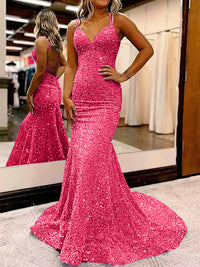 Mermaid/Trumpet Spaghetti Strap V Neck Floor-Length Prom Dresses with Sequin