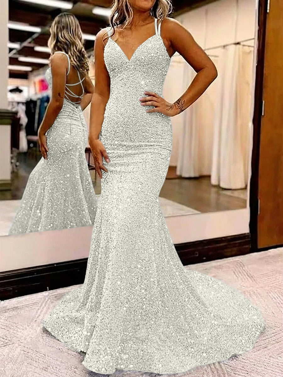 Mermaid/Trumpet Spaghetti Strap V Neck Floor-Length Prom Dresses with Sequin