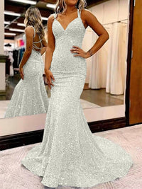 Mermaid/Trumpet Spaghetti Strap V Neck Floor-Length Prom Dresses with Sequin