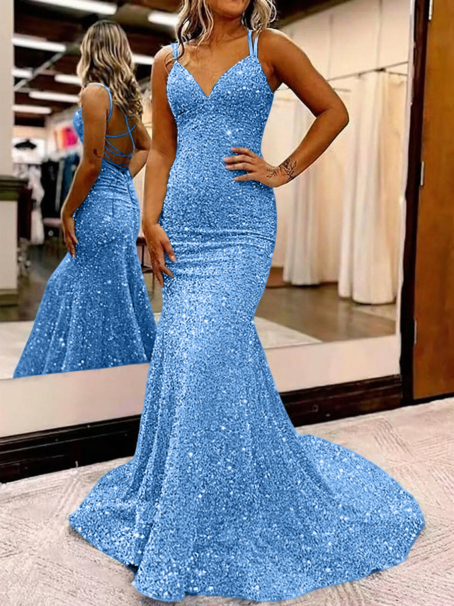 Mermaid/Trumpet Spaghetti Strap V Neck Floor-Length Prom Dresses with Sequin