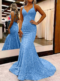 Mermaid/Trumpet Spaghetti Strap V Neck Floor-Length Prom Dresses with Sequin