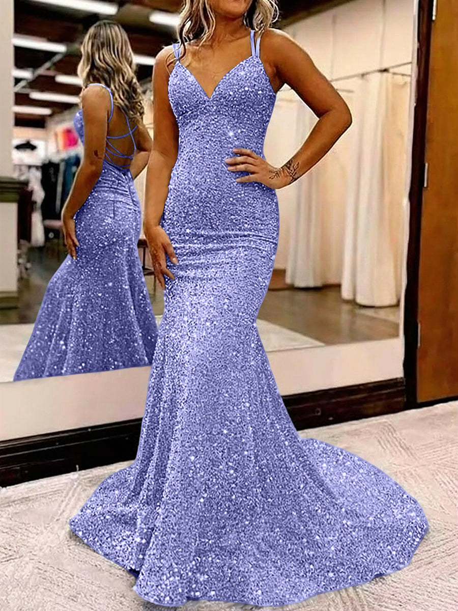 Mermaid/Trumpet Spaghetti Strap V Neck Floor-Length Prom Dresses with Sequin