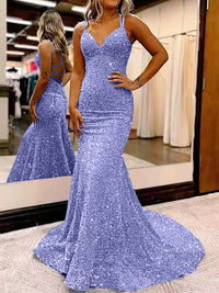 Mermaid/Trumpet Spaghetti Strap V Neck Floor-Length Prom Dresses with Sequin