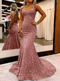 Mermaid/Trumpet Spaghetti Strap V Neck Floor-Length Prom Dresses with Sequin