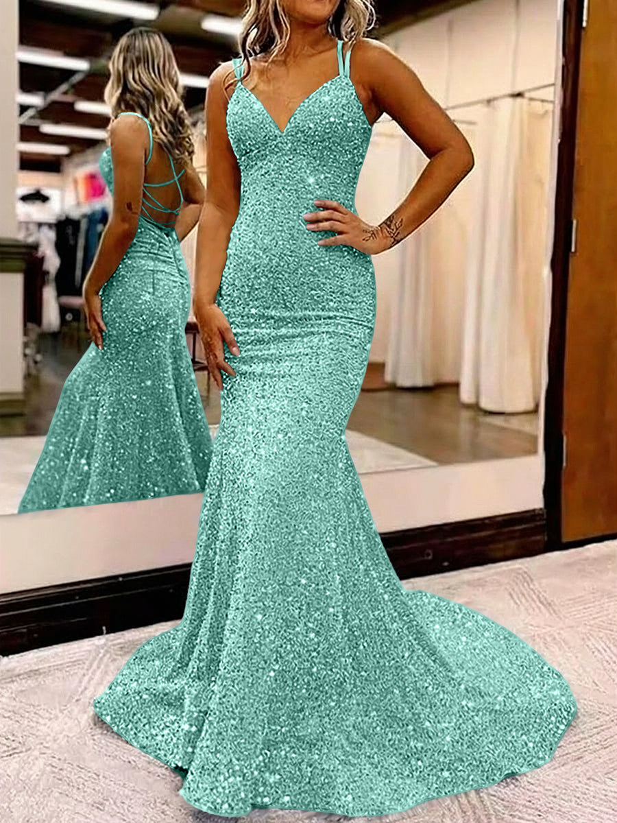 Mermaid/Trumpet Spaghetti Strap V Neck Floor-Length Prom Dresses with Sequin