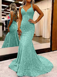 Mermaid/Trumpet Spaghetti Strap V Neck Floor-Length Prom Dresses with Sequin