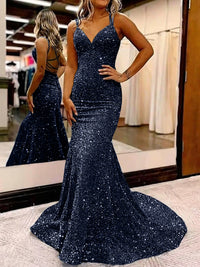 Mermaid/Trumpet Spaghetti Strap V Neck Floor-Length Prom Dresses with Sequin