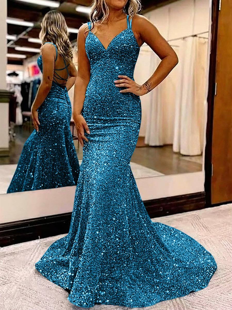 Mermaid/Trumpet Spaghetti Strap V Neck Floor-Length Prom Dresses with Sequin
