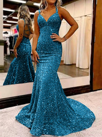 Mermaid/Trumpet Spaghetti Strap V Neck Floor-Length Prom Dresses with Sequin