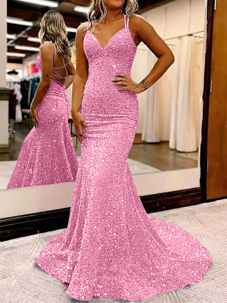 Mermaid/Trumpet Spaghetti Strap V Neck Floor-Length Prom Dresses with Sequin