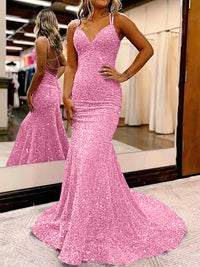 Mermaid/Trumpet Spaghetti Strap V Neck Floor-Length Prom Dresses with Sequin