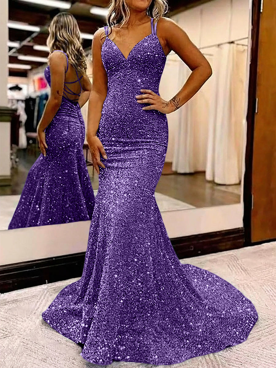 Mermaid/Trumpet Spaghetti Strap V Neck Floor-Length Prom Dresses with Sequin