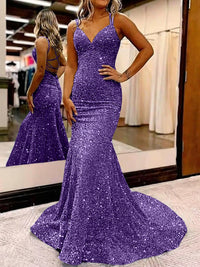 Mermaid/Trumpet Spaghetti Strap V Neck Floor-Length Prom Dresses with Sequin