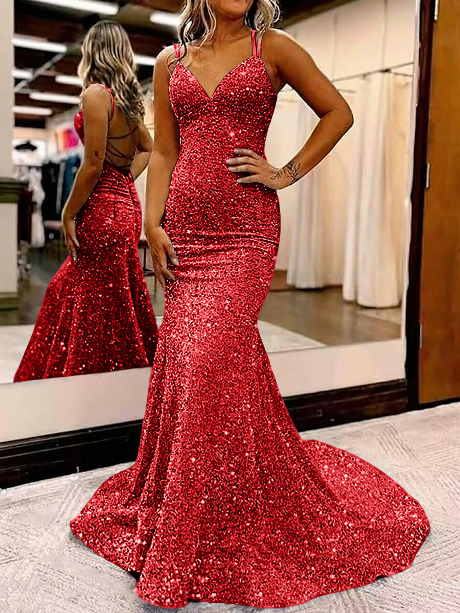 Mermaid/Trumpet Spaghetti Strap V Neck Floor-Length Prom Dresses with Sequin
