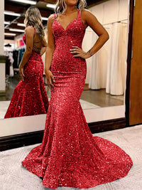 Mermaid/Trumpet Spaghetti Strap V Neck Floor-Length Prom Dresses with Sequin