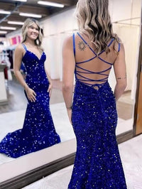 Mermaid/Trumpet Spaghetti Strap V Neck Floor-Length Prom Dresses with Sequin