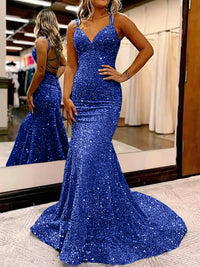 Mermaid/Trumpet Spaghetti Strap V Neck Floor-Length Prom Dresses with Sequin