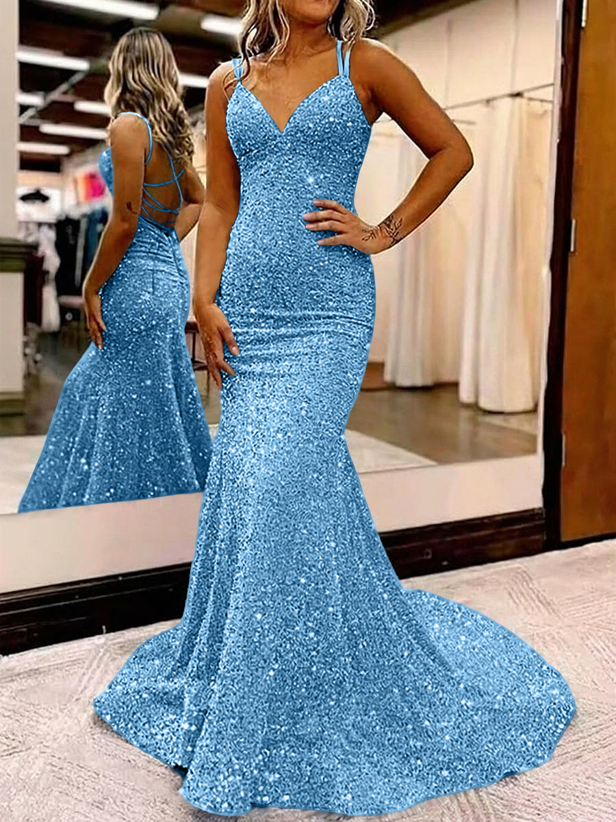 Mermaid/Trumpet Spaghetti Strap V Neck Floor-Length Prom Dresses with Sequin