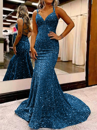 Mermaid/Trumpet Spaghetti Strap V Neck Floor-Length Prom Dresses with Sequin